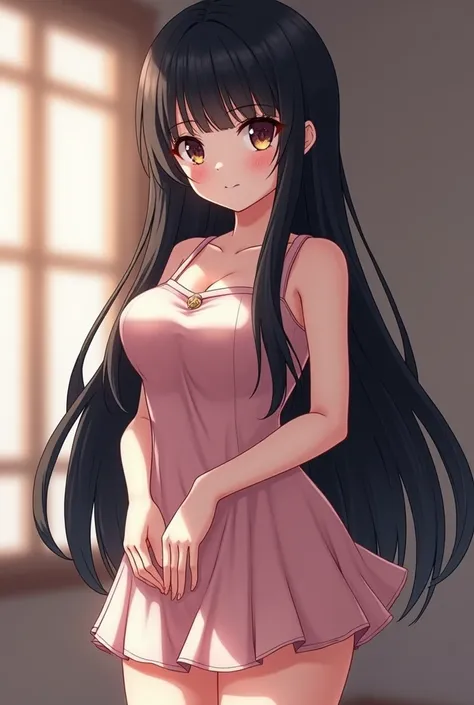 A beautiful anime-style girl with long black hair in a short dress stands cancer and shows her genitals