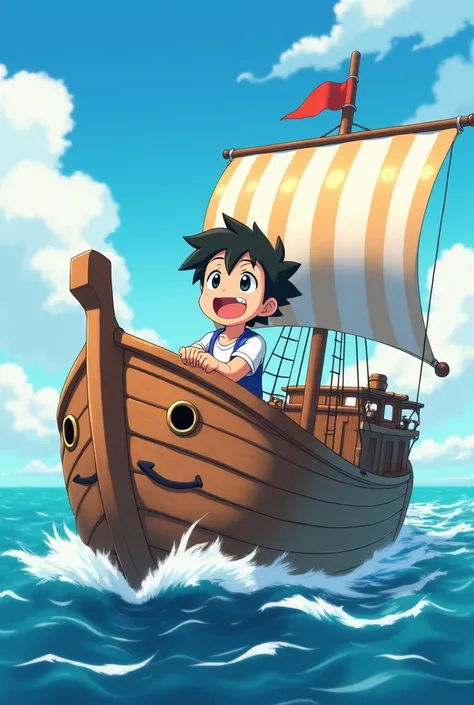 An anime boy sails on a smiling ship with his mouth open