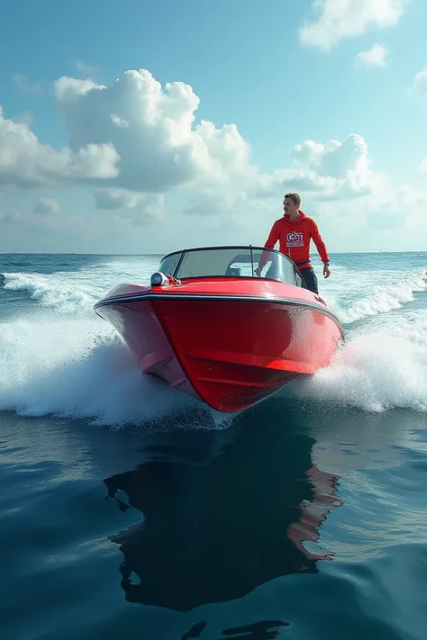 Un bateau rouge syndicat cgt tractant derrière lui un surfeur syndicaliste de fo 