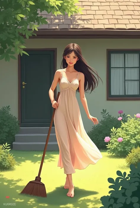 Cute Asian woman in negligee is sweeping in a simple beautiful home yard