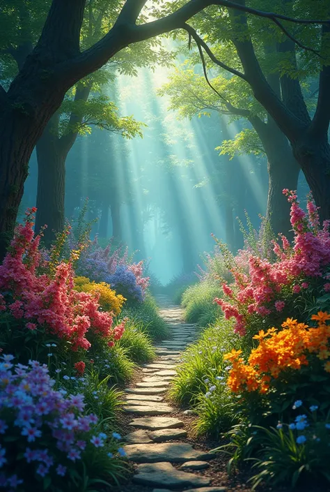 Mysterious Garden with Colorful Flowers
A magical garden with lush, vibrant flowers of all colors—reds, blues, yellows, and purples. The scene feels surreal, with an air of quiet mystery and magical light filtering through the trees.