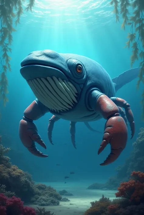 

"An underwater scene featuring a unique hybrid creature with the body of a blue whale and the front limbs of a crab. The creature is massive, its whale-like body dominating the scene, with the smooth, deep blue skin of the whale blending seamlessly into ...