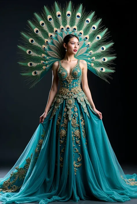 Create a national costume for beauty pageant representing malaysia. Insipred by Malayan Peacock.