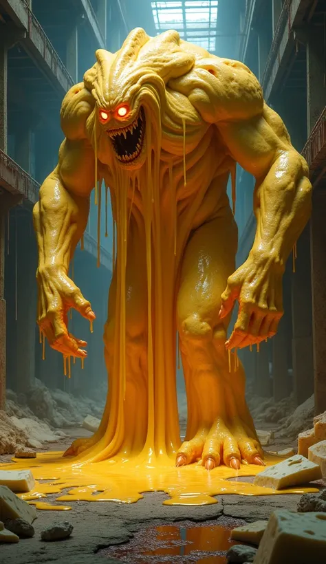 "Visualize a colossal, horrifying demon made entirely of cheese, standing in the center of a dark, decaying industrial warehouse. Its massive form is a grotesque mass of glowing, molten cheese, dripping and oozing with every movement. The demon’s body is a...