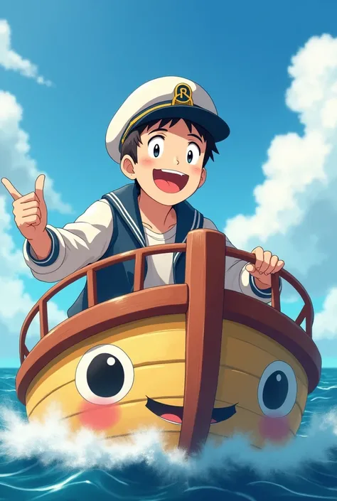 An anime handsome adult man sailing on a smiling ship with his mouth open wearing a boat suit and a boat hat