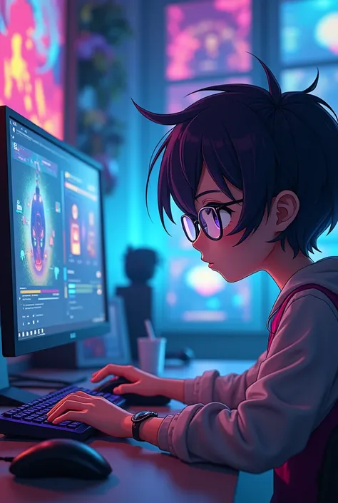 Spot bubg game player wearing glasses cool face in front of computer screen anime character