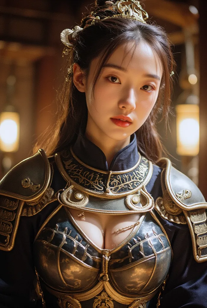 photorealistic portrait, high-res, Soft light,1woman, bara, full body image, Slender Figure, Beautiful hips, gleaming skin, Overflowing big breasts, Reveal the breasts...., (higly detailed face), Beautiful Chinese Armor