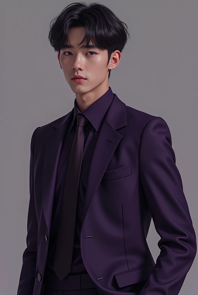 Man in schoolboy uniform, handsome facing forward, korean-western face, dark purple colour uniform, without suit