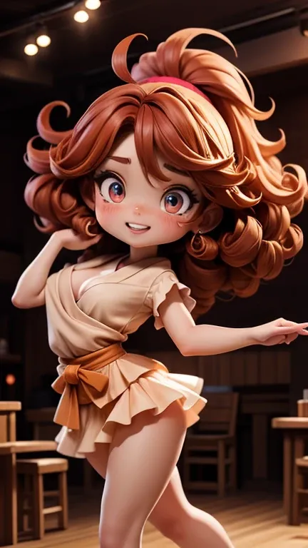 　8k ⒉5D Japanese graphic comics Character Style Nordic Beautiful Girl Dancer with Light Peach Frill Sheets Clothing on Nudity with Sweat   In a dark underground pub, a beautiful girl with big amber eyes, with her curly red hair swaying on the indoor stage,...