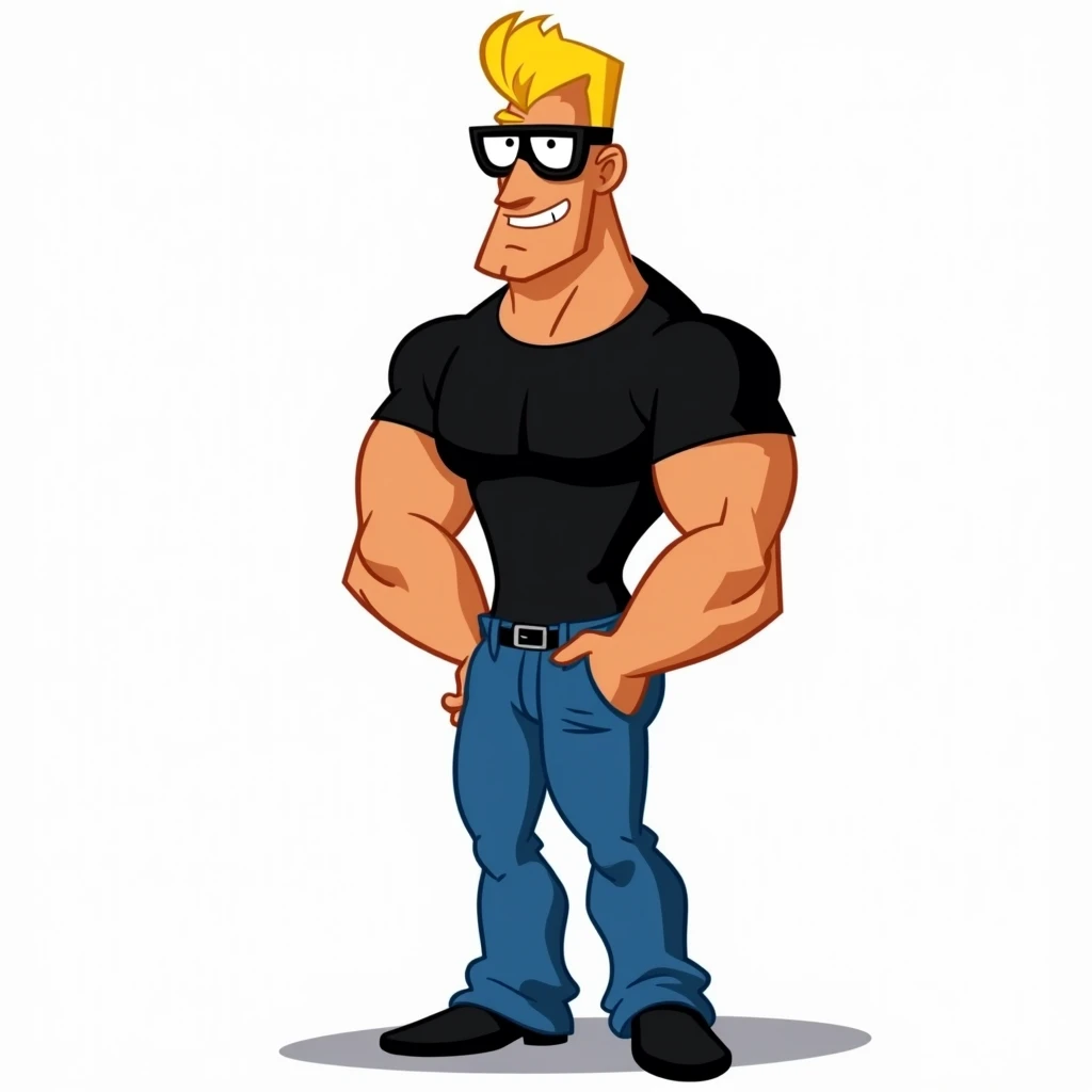  Jonny Bravo cartoon style 1990 on a white background,  black t-shirt blue pants , yellow hair , black glasses,  muscular body , Rare postures
