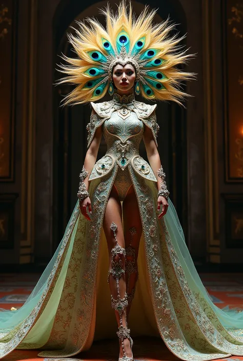 Create a national costume for beauty pageant representing malaysia. Insipred by Malayan Peacock. The national costume must be huge and represent malaysia. Put some elements on the head, legs and hand