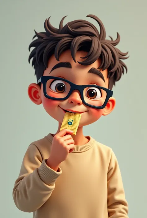  Brazilian boy with cute square black glasses normal black eyebrows in a beige sweatshirt with short, slightly brown hair eats two small signs in the form of blinds 