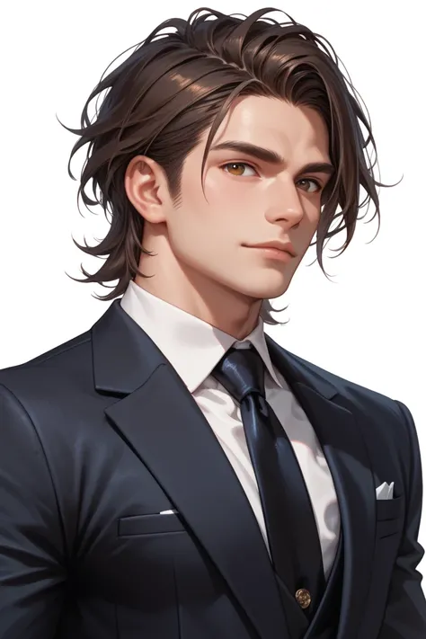 1 man, handsome, DARK black MEDIUM LENGTH hair, brown eyes, wearing suit, high resolution, white background