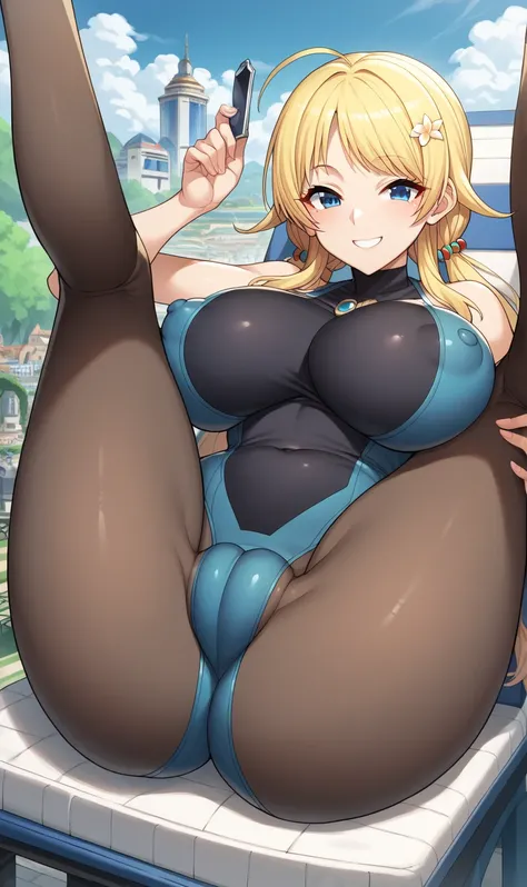 hachimiya meguru, 1girl, blonde hair, low twintails, long hair, blue eyes, huge breast, ehite unitard, sunglaases, smile, puffy nipple, (erected nipple:1.2), cameltoe, lie on back, legs up, spread legs, outdoor, residential area, solo, (masterpiece, best q...