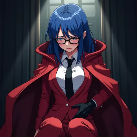 
Anime, girl blue hair black glasses white sweat black tie red suit black glove stomach ache in sit in cape