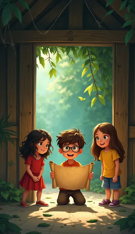 Inside an abandoned wooden hut in the jungle, with cobwebs and scattered leaves. A boy wearing glasses () kneels on the dusty floor, holding an old, rolled-up map. Two girls stand beside him – one in a red dress with curly hair (age 12) and the other in a ...