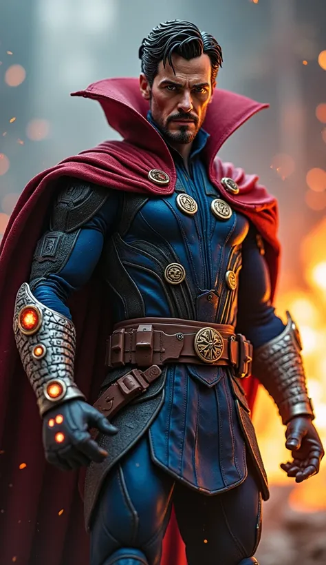 A monstrous hybrid entity combining the features of Doctor Strange and the Winter Soldier. The figure has Doctor Strange’s mystical cloak fused with rugged military armor, glowing magical symbols etched into the metal arm. His eyes burn with magical intens...