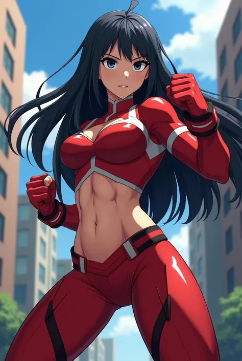 My Hero Academia style , Anime girl, female, young female ,    full body shot  ,(Fighting pose:1.3),  Long hair, Black Hair,    Black Eyes   ,  hero suit, Full Body Suit, red suit, perfect anatomy, Super detailed, Toughened Abs,( building :1.2）