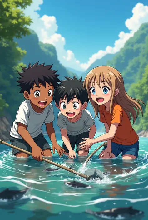 Anime a  boy with black hair blue eyes with his friend WITH BLACK SKIN  black hair brown eyes with a girl  light brown hair blue eyes they are all big and they catch fish all together 