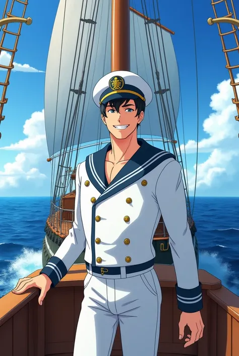 A handsome adult anime man sailing on a big ship smiling with his mouth open wearing a boat suit and a boat hat