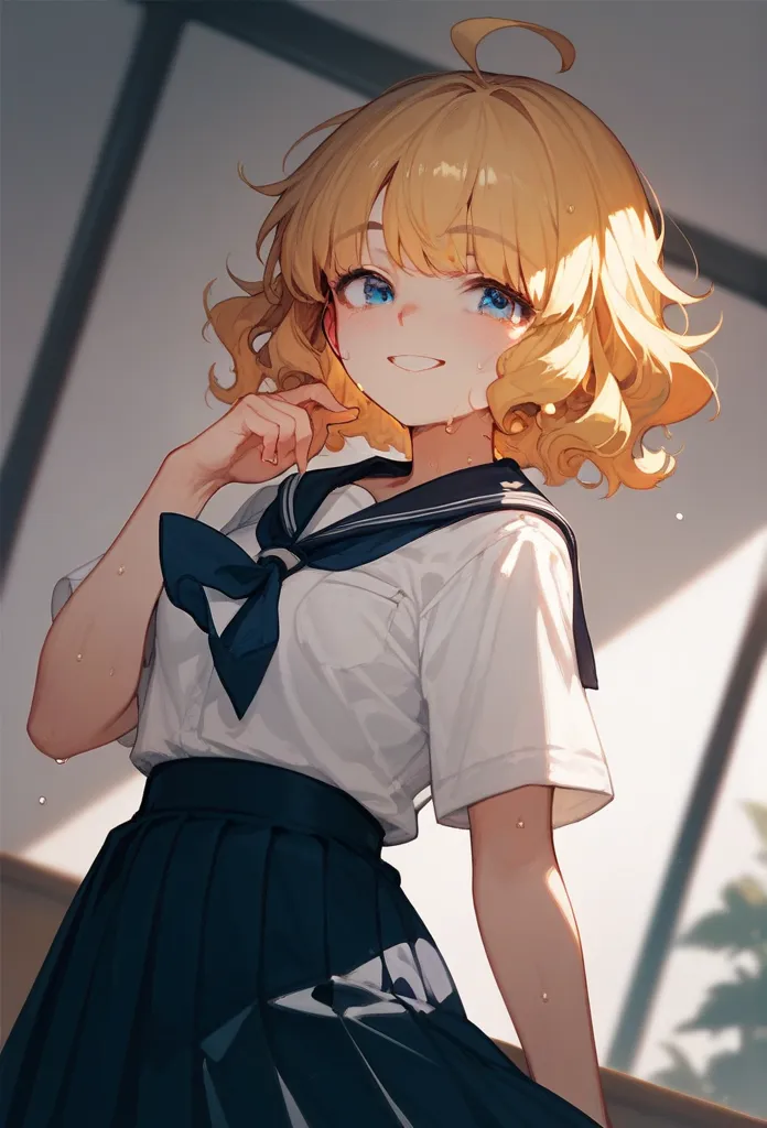  1 girl, Alone,
Sweat Momoko, Ahoge,  short hair on the side of the uniform,  blue eyes,  eyebrows visible through hair,  wavy hair,  Short Bang ,
 school uniform,  black check skirt ,  white shirt,
smile,