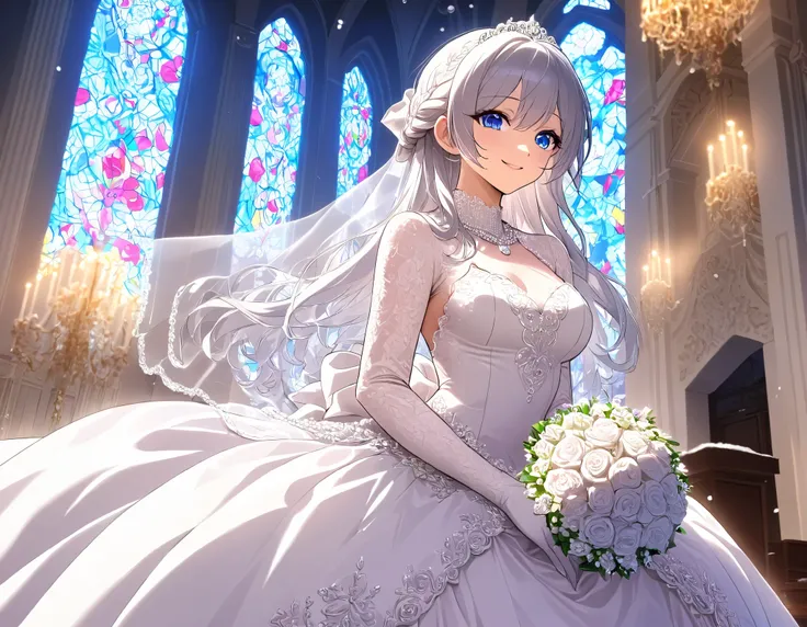 (((Best quality, 8k, Masterpiece: 1.3)), ((best quality)), ((masterpiece)), (detailed), perfect face, perfect body, (detailed skin:1.3), (intricate details), Ball gown wedding dress, pearl necklace, bouquet, Silver hair, straight hair, blue eyes, Wedding R...