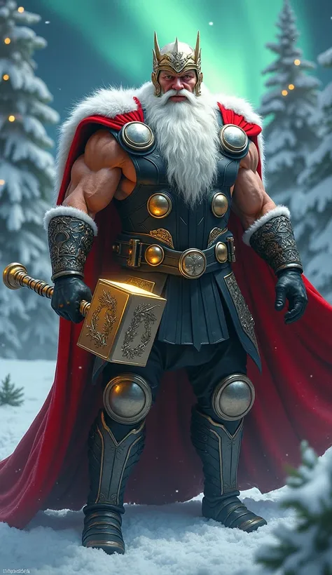 An ultra-realistic depiction of a hybrid character that merges the traits of Santa Claus and Thor into a single, awe-inspiring figure. This being has a powerful, muscular physique adorned with a blend of Santas iconic red-and-white suit and Thors Asgardian...