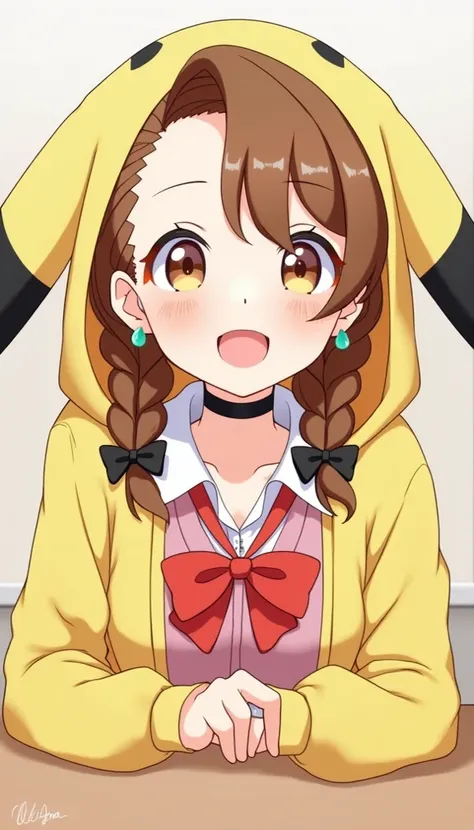 source anime, detailed eyes, eye reflection, earring big oval green, 
braid, twin braids, yellow eyes, twintails, low twintails, ahoge, hair bow, black bow, pikachucosplay, pikachu, character print, hood, hoodie, yellow hoodie, pikachu hoodie, 1girl, blush...