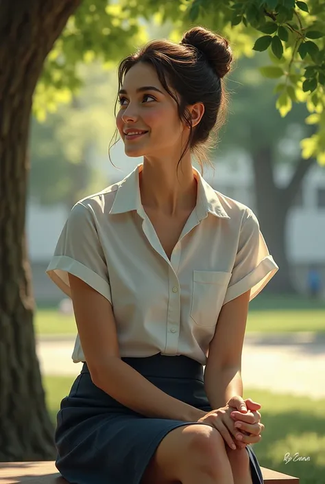 A realistic image of a female teacher sitting under a shade 