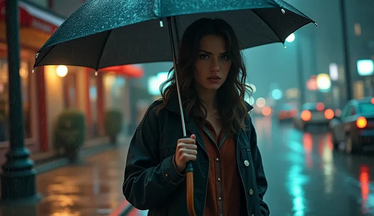 a person walking in the rain with a broken umbrella, determined expression, rainy city street, wet pavement, overcast sky, moody lighting, cinematic atmosphere, detailed facial features, realistic skin textures, intricate clothing folds, dynamic pose, dram...