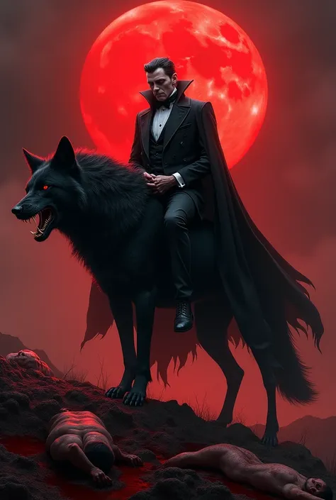 A well dressed Vampire riding over a black wolf 
In the red moonlight standing over death corps 