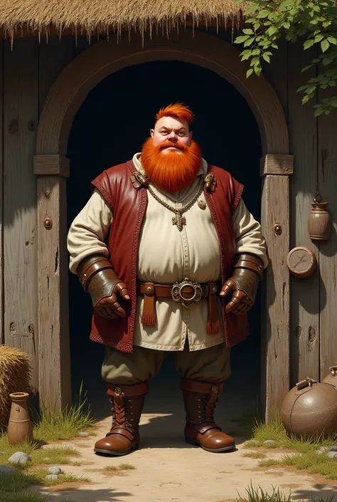  A fat squire .  standing in front of a horse stable .  He has orange hair a short orange beard. in the Middle Ages. He looks at me 