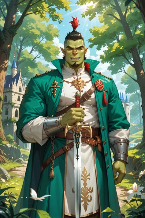 Game-style , , a man with a grim face wearing a coat and holding a sword, a green oak warrior, Where to carry the knife, In the background, Gunma is also a male green orc warrior wearing a ,  tough , Behind the forest landscape, there is a medieval castle,...