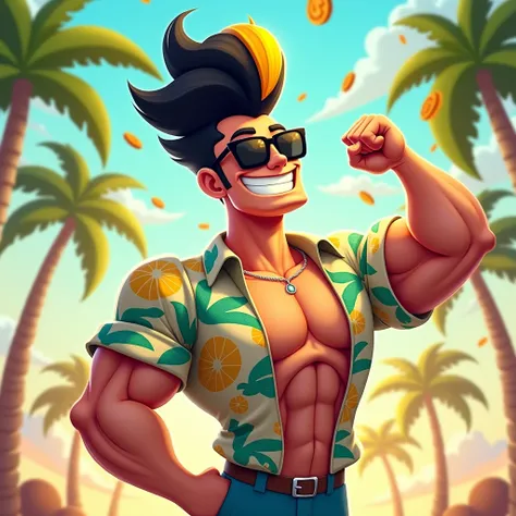  A cartoonish character with an enormous pompadour hairstyle  ( like that of Johnny Bravo ) but more exaggerated ,  maybe with colored tips like yellow and black .  He wears square sunglasses and an open tropical shirt showing disproportionate muscles.  Hi...