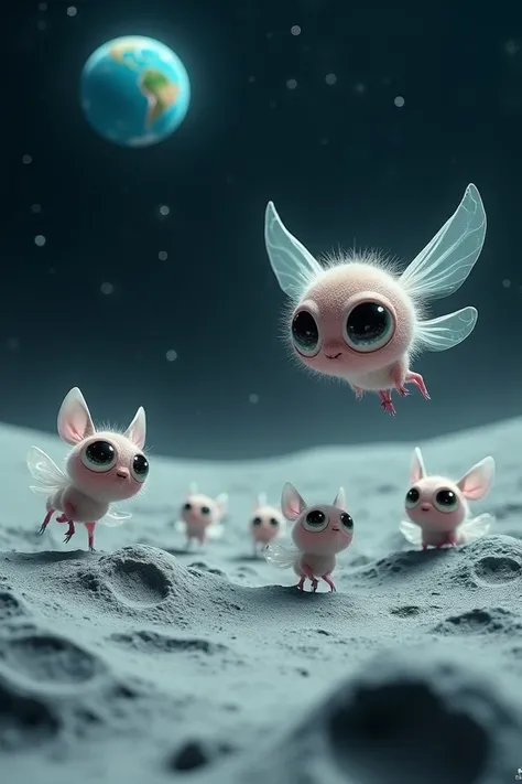 Cute creatures with big eyes that live on the moon are approaching a spacecraft and in the sky there are stars and the planet Earth 