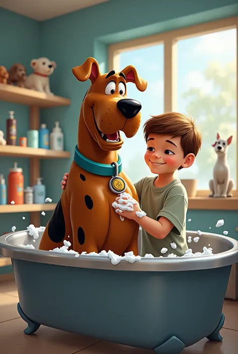 Create an image of Scooby-Doo bathing in a tub at the pet store AND a boy bathing him