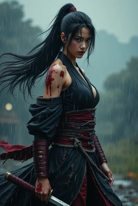 (masterpiece:1.2,  best quality),  Realistic images and expert photos , Very realistic, Genuine, 8k, Female swordsman in a samurai costume ,  sharp eyesight , Wounded and bloody body , Torn clothes, ((Holding a Japanese sword)), The sword shines,  Black po...