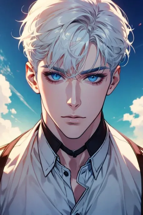 1 men, short White hair, beautiful face, defined body, sky blue eyes