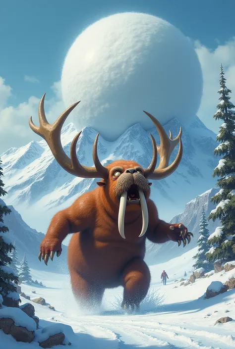  Absurd Alascattalo a walrus with elk horns ,  running from a snowball that descends from an Alaskan peak, Fun scene ,  mythological tales from Alaska . 