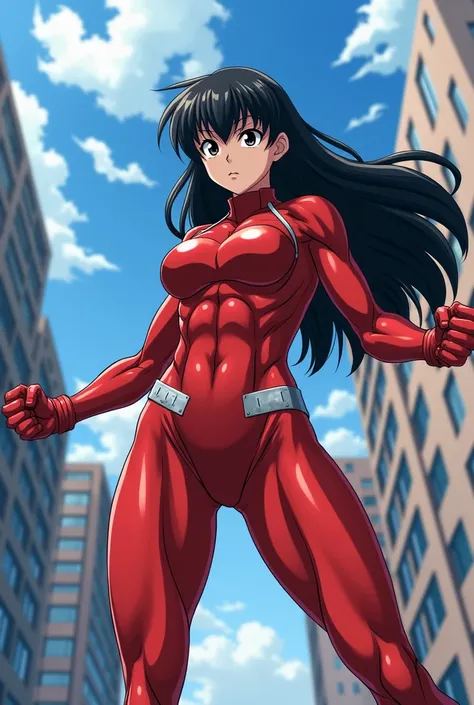 My Hero Academia style , Anime girl, female, young female ,    full body shot  ,(Fighting pose:1.3),  Long hair, Black Hair,    Black Eyes   ,  hero suit, Full Body Suit, red suit, perfect anatomy, Super detailed, Toughened Abs,( building :1.2）