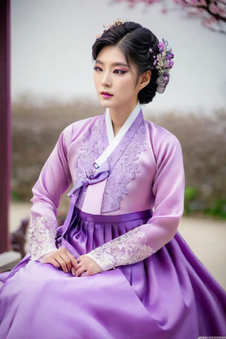 A Korean man in ladies victorian dresses, he is crossdresser, big breasts like a woman, slender female body, His hairstyle is short and manly, long sleeves, purple, hanbok dress, silk, satin, see-through jacket, full body shot, sit quietly