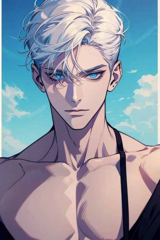 1 men, short White hair, beautiful face, defined body, sky blue eyes