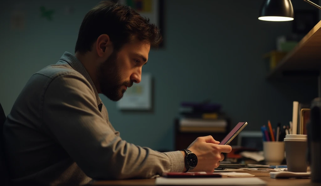 Camera angle Over the shoulder Shot, Men glances at them, holding his phone. The desk clutter and glowing phone screen are visible in the foreground. 