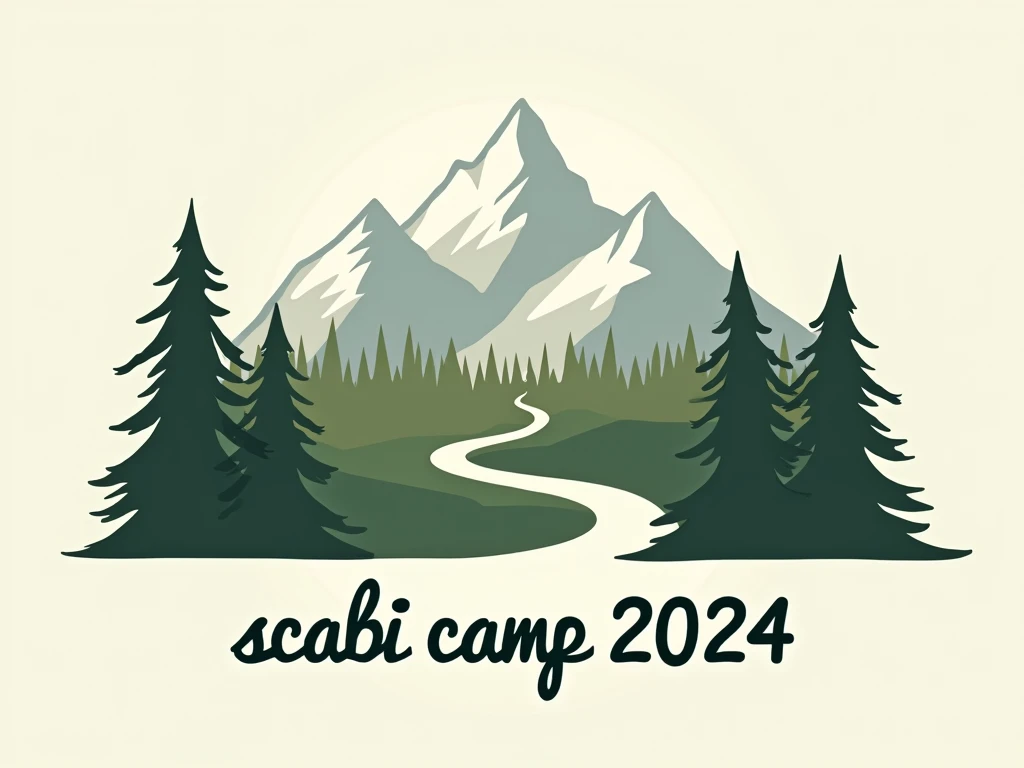 a modern design with the text "SCABI CAMP 2024" in a modern cursive font. The design has a minimalist vibe and camping vibe. With trees and mountain.