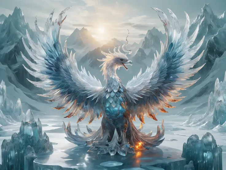 / I an ice and fire phoenix ， half ice and half fire ， super dreamy masterpiece ， high quality， Official Art ， surrealist scene ， presenting yin and yang tai chi concept ，Beautiful details shine， beautiful details ice ， beautiful details fire ，landscape re...