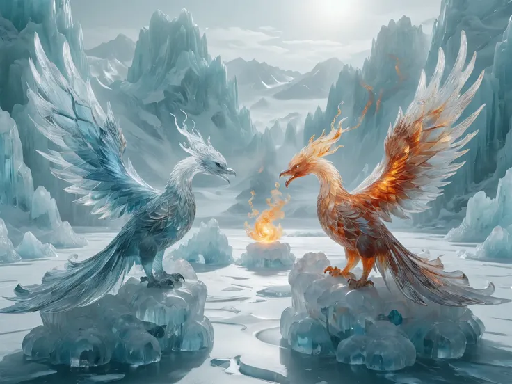 / I an ice and fire phoenix ， half ice and half fire ， super dreamy masterpiece ， high quality， Official Art ， surrealist scene ， presenting yin and yang tai chi concept ，Beautiful details shine， beautiful details ice ， beautiful details fire ，landscape re...