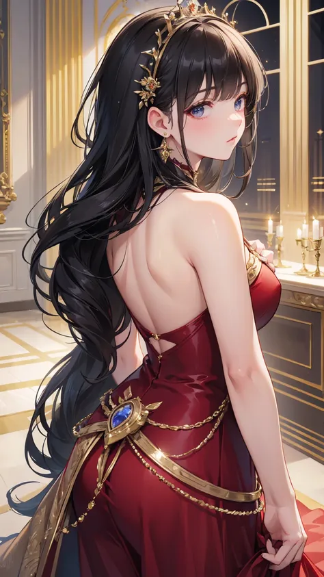 ((masterpiece)), ( Texture texture  ), ((high detail)),    is the best picture quality , Awards, 8K,   Beautiful Girl , Back， silk dress , noble, Princess, Queen, Black Hair,   long straight hair and hair accessories  , Crystal Earrings，  in a grand palace