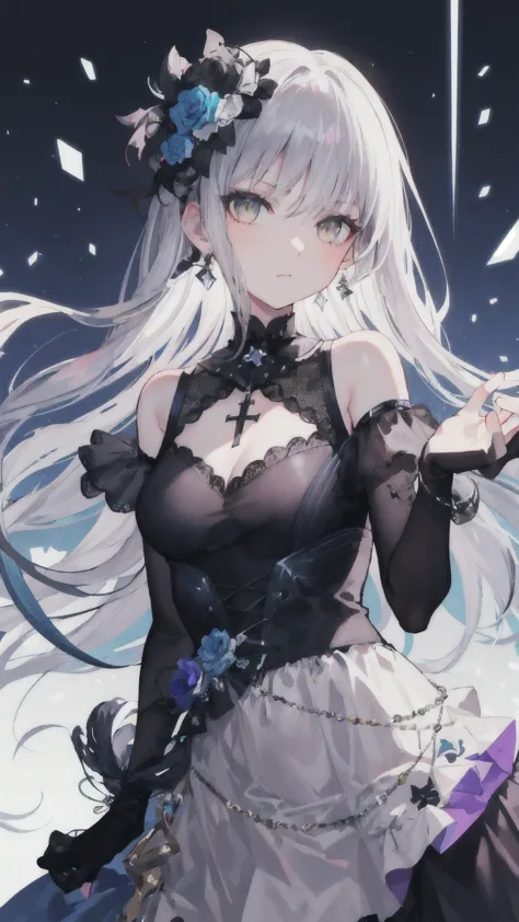 ( masterpiece ), (   Quality Best  ),  Perfect combination with popularity on  , Clean, 8K, , [  1 girl at home ,  Cowboy shooting], (minato_Snow vegetable_Bond Dreams:1), long grey hair, Sweep away bangs ,    bright eyes  , Jewelry, hair_flower, Gothic fa...