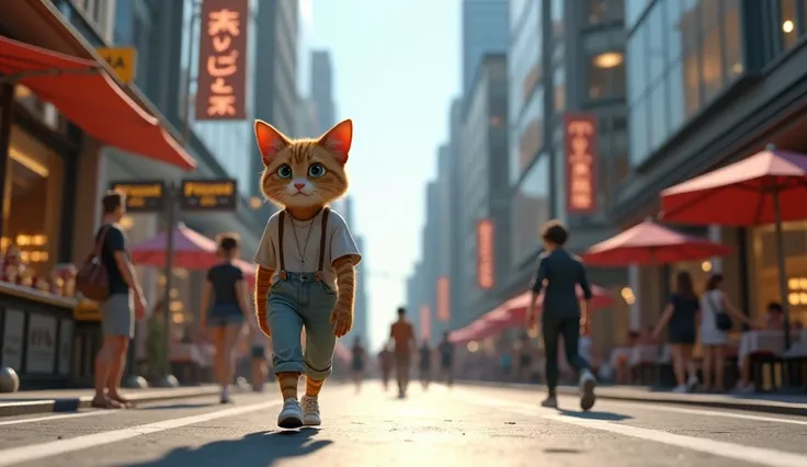 A hyper-realistic 3D animation shot set in a real-time world, with a bustling city scene. The camera pans across a busy city street during the day. Cars are moving along the road, people are walking on the sidewalk, and the atmosphere is filled with the so...