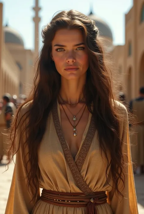  Create an ultra-realistic image of an Israelite woman born 4,000 years ago. She has an inexplicable , brown hair,  white but sunburned skin ,  brown-green eyes and a modest antique dress, lined around her neck .  Put her in an environment of a city of an ...